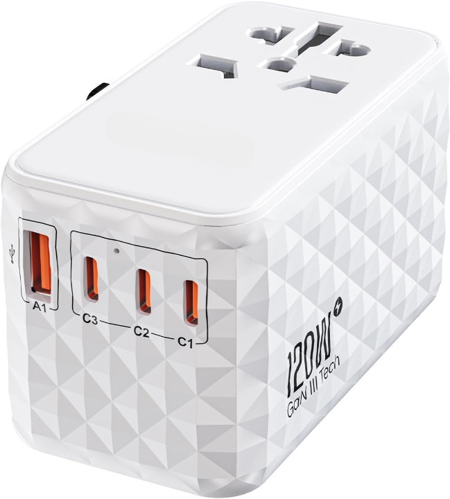 120W International Travel Adapter, GaN Universal Travel Adapter with 1 USB-A & 3 Type C