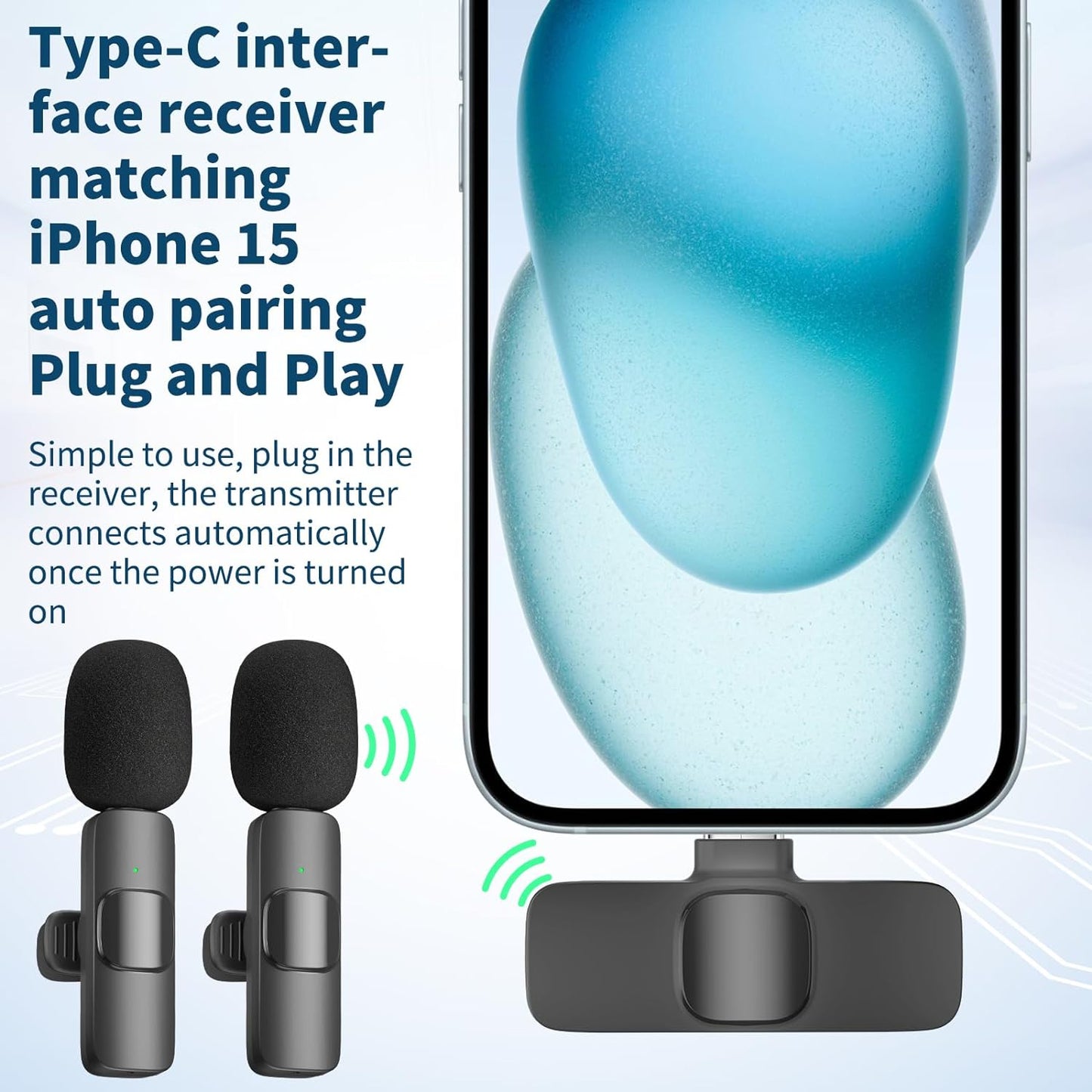 aLLreLi iPhone 15 Mics, 2 Pack Wireless Lavalier Microphone for iP15 Pro/Max - Plug-Play Crystal Clear Sound Quality, Long Lasting for Interviews, Podcasts, Vlogs, and More