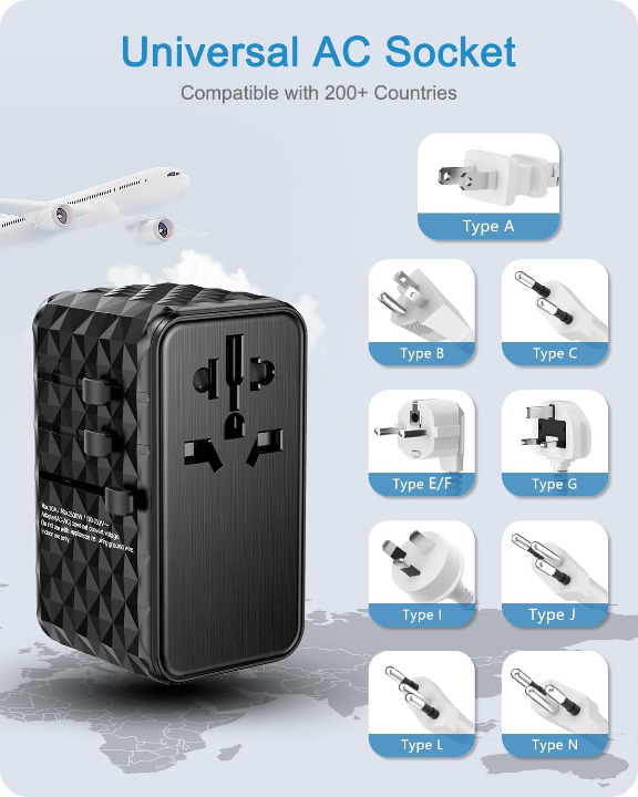 120W International Travel Adapter, GaN Universal Travel Adapter with 1 USB-A & 3 Type C